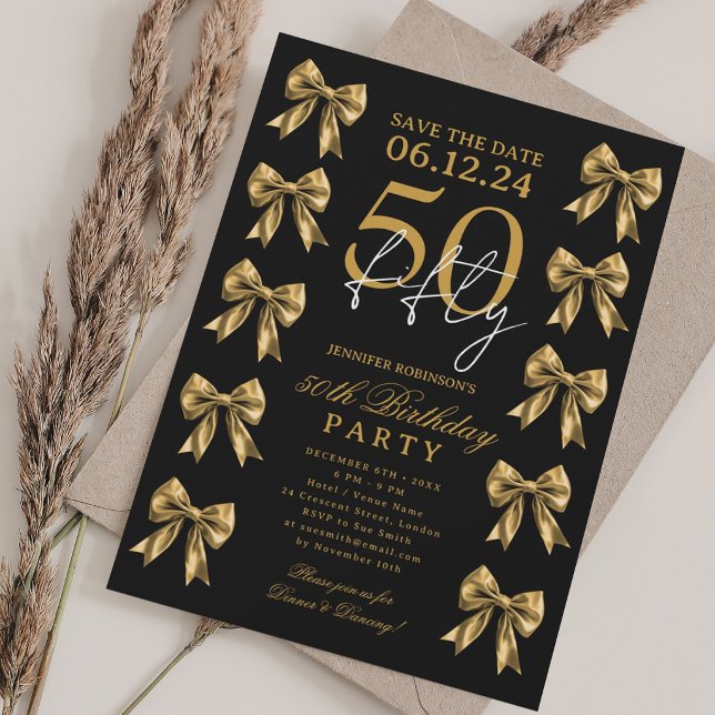 Guld Coquette Bow Spara Datum 50-årsfest Inbjudningar (Gold Coquette Bow Save Date 50th Birthday Party Invitation)