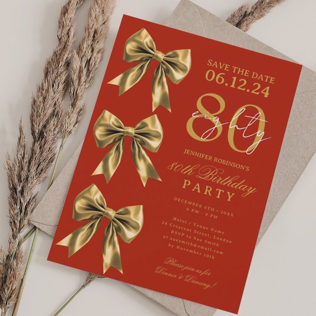 Guld Coquette Bow Spara Datum 80-årsdag Röd  Inbjudningar (Gold Coquette Bow Save Date 80th Birthday Red Invitation)