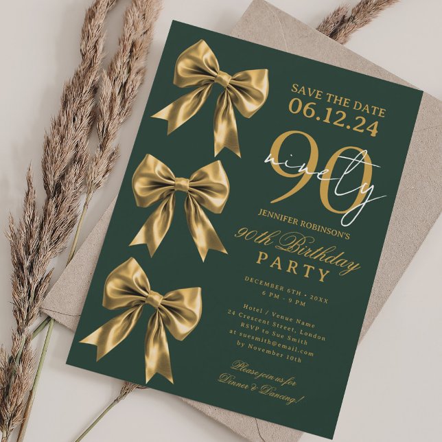 Guld Coquette Bow Spara Datum 90-årsdag Grön Inbjudningar (Gold Coquette Bow Save Date 90th Birthday Green Invitation)