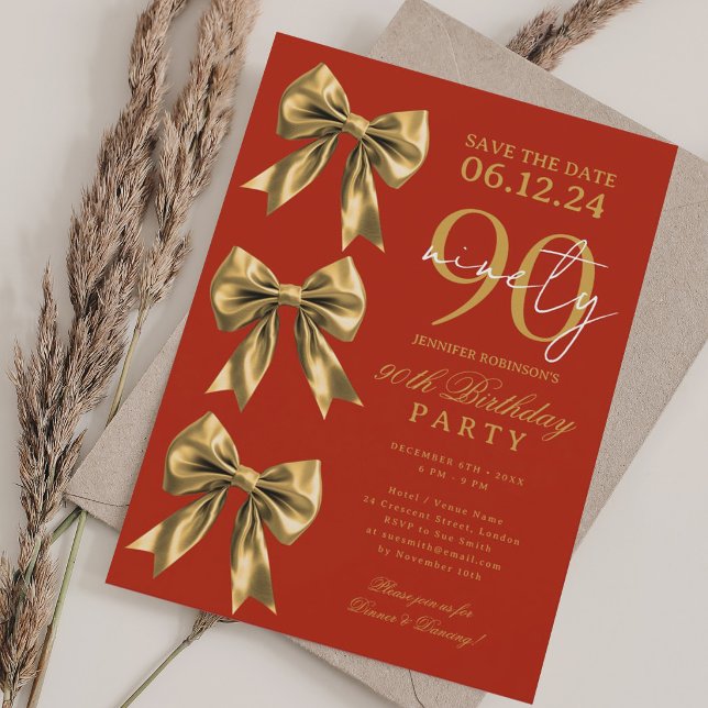Guld Coquette Bow Spara Datum 90-årsdag Röd  Inbjudningar (Gold Coquette Bow Save Date 90th Birthday Red Invitation)