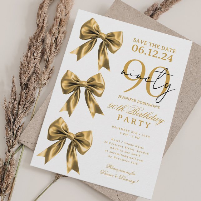 Guld Coquette Bow Spara Datum 90-årsfest Inbjudningar (Gold Coquette Bow Save Date 90th Birthday Party Invitation)