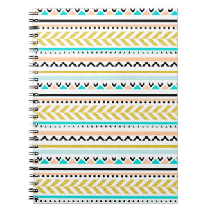 Guld, Coral, White, Aqua, Black Aztec Mönster Anteckningsbok
