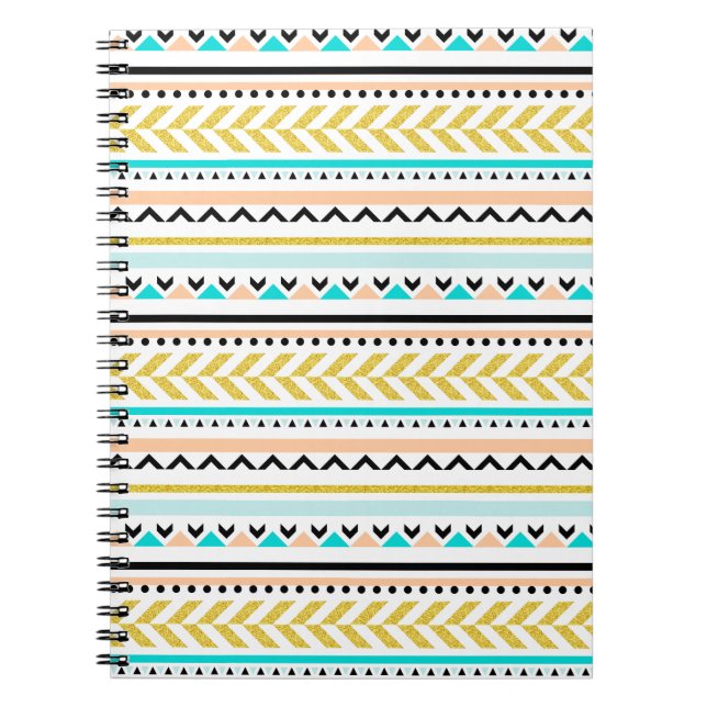 Guld, Coral, White, Aqua, Black Aztec Mönster Anteckningsbok (Framsidan)