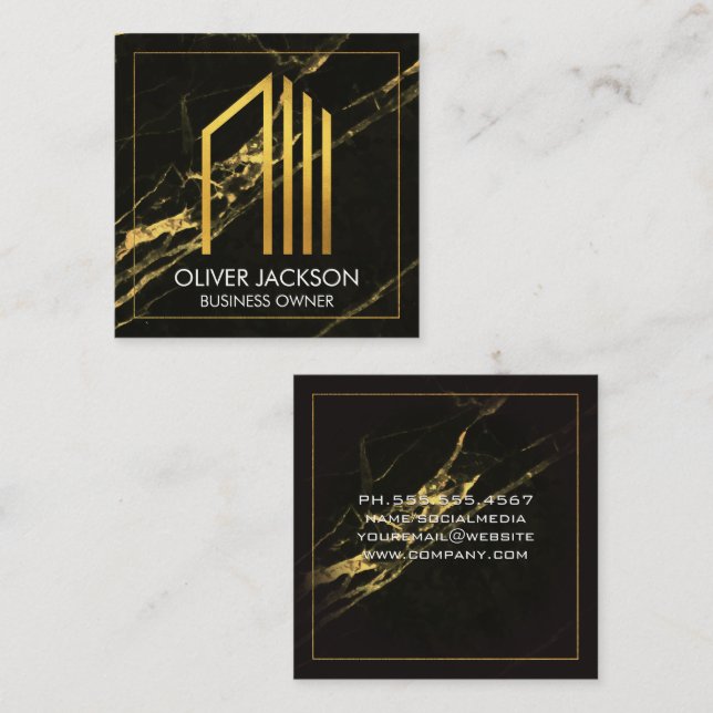 Guld Corp Icon | Black Guld Marble Background Fyrkantigt Visitkort (Fram/baksida)