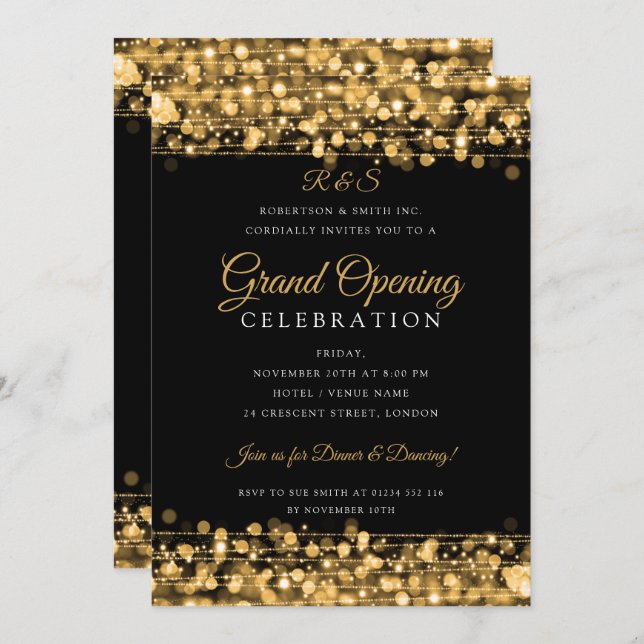 Guld Corporate Grand Open Simple Monogram  Inbjudningar (Fram/baksida)