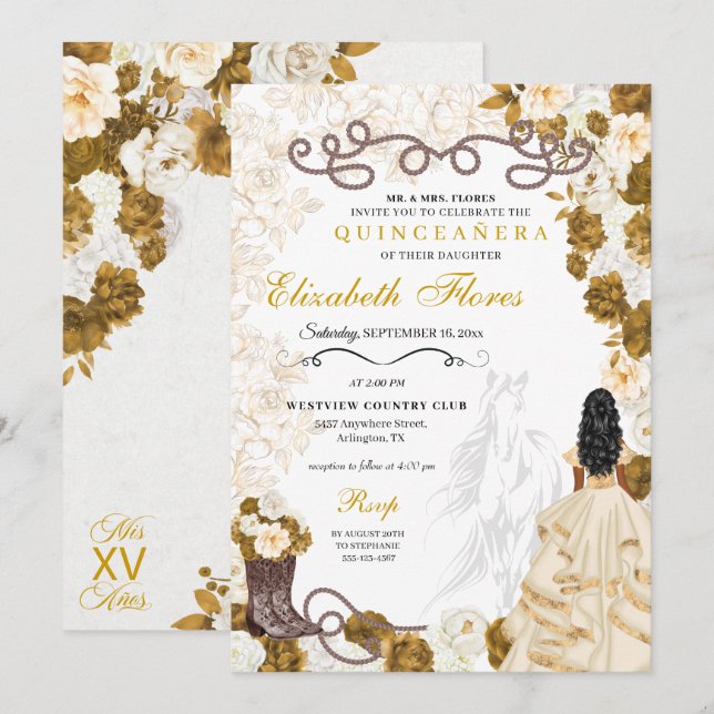 Guld Cowgirl Charro Western Quinceañera Inbjudningar (Fram/baksida)