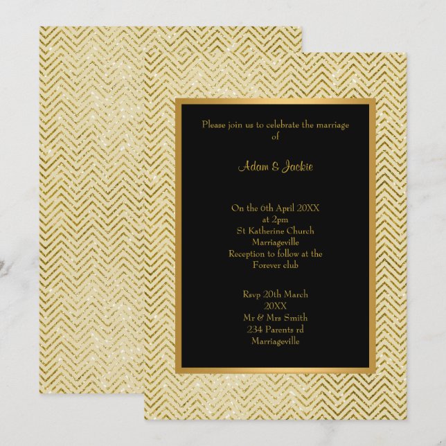 GULD CREAM BLACK CHEVRON WEDDING INVICATION INBJUDNINGAR (Fram/baksida)