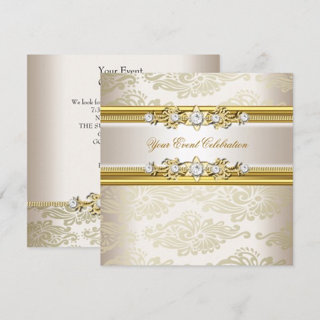 Guld Cream Embossed Elegant Party Inbjudningar (Fram/baksida)