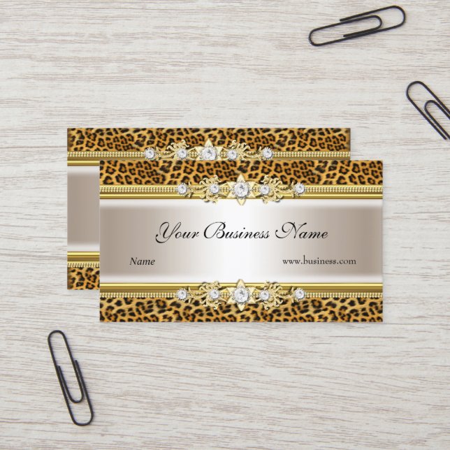 Guld Cream Leopard Black Jewel look Image Visitkort (Fram/Back In Situ)