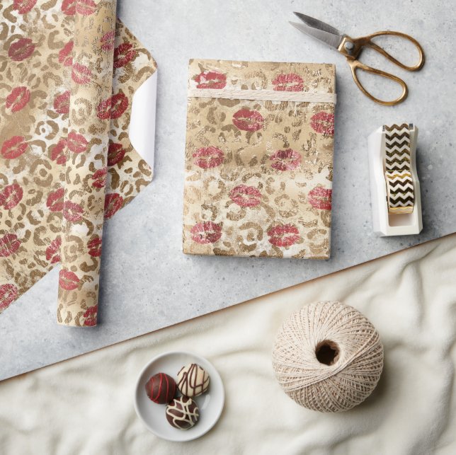 Guld Cream Leopard Red Läppar Presentpapper (Hantverk)