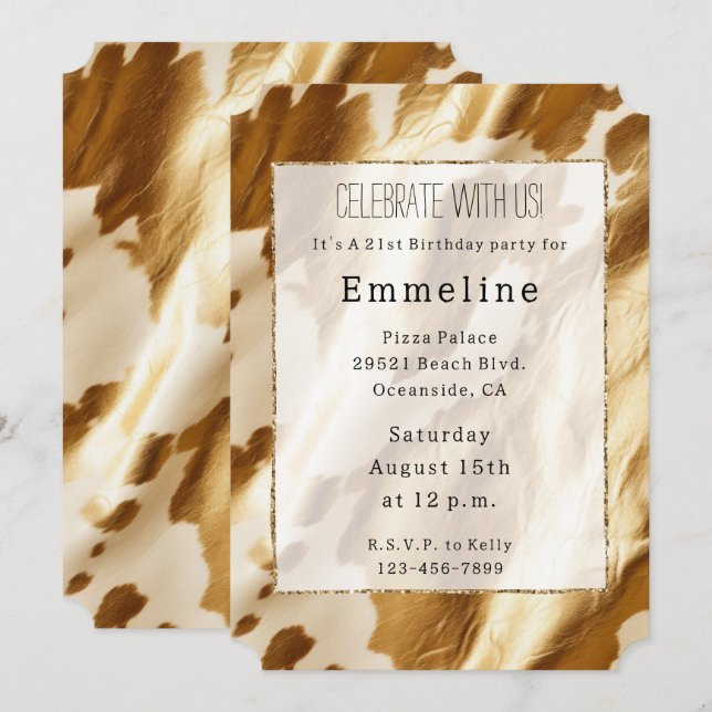 Guld Cream Western Cowhide Inbjudningar (Fram/baksida)