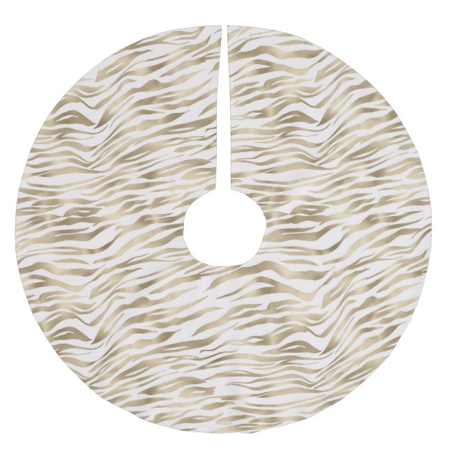Guld Cream White Zebra Animal Print Julgransmatta Borstad Polyester (Framsidan)