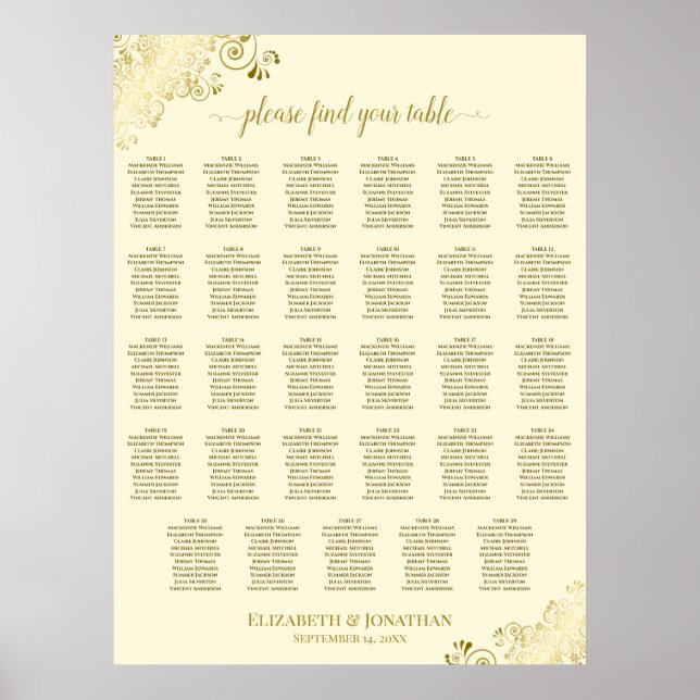 Guld & Crème Fancy 29 Bord Bryllop Placeringsplan Poster (Framsidan)