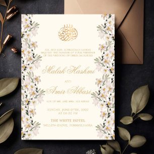 Guld & Crème Vit Blommig Islamisk Muslimsk Bröllop Inbjudningar