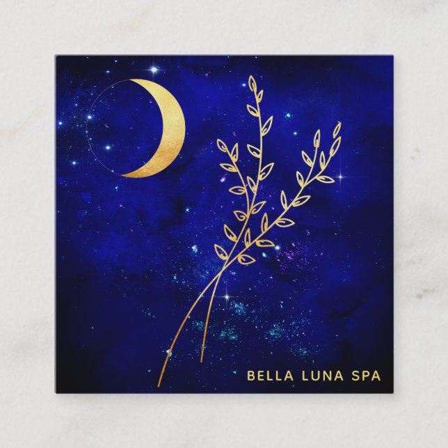 *~* Guld Crescent Måne - Guld Foliage Löv Fyrkantigt Visitkort (Framsida)