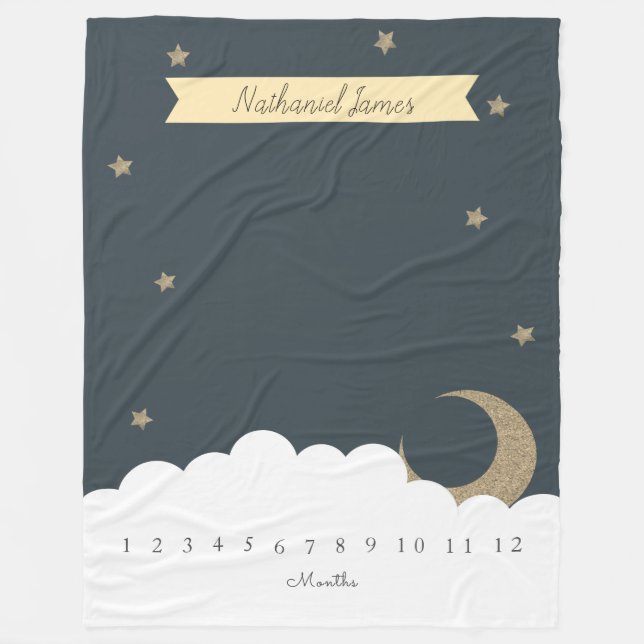 Guld Crescent Måne & Stars Navy Blue Milestone Boy Fleecefilt (Framsidan)