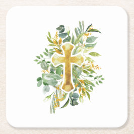 Guld Cross Floral Watercolor Baptism 1:a kommunful Underlägg Papper Kvadrat