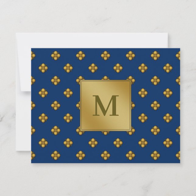 Guld Cruciferous Flowers Monogrammed Blue Anteckningskort (Framsida)