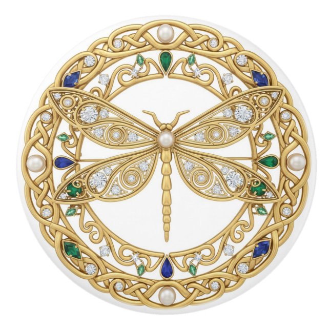 Guld Crystal Dragonfly oäkta 2D-grafik ädelstenar Knopp (Framsidan)