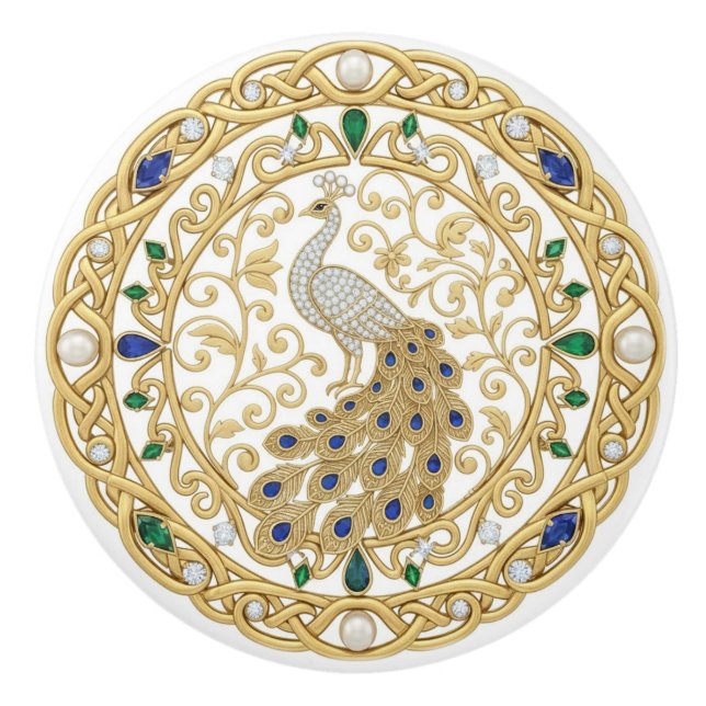Guld Crystal Påfågel Fågel 2D-grafik ädelstenar Knopp (Framsidan)