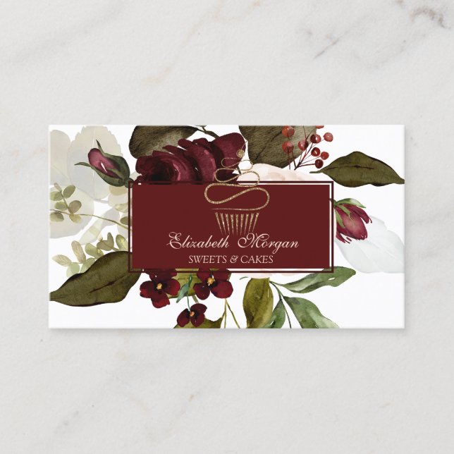 Guld Cupcake Burgunder Blommor Bageri Visitkort (Framsida)