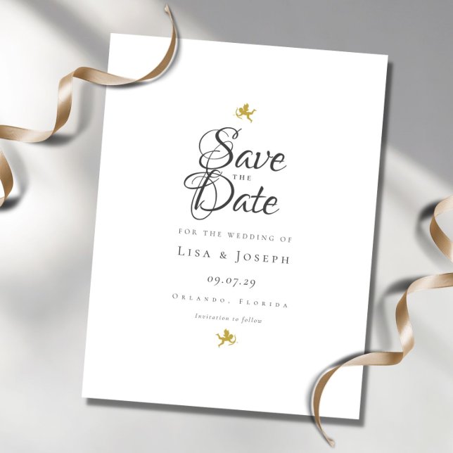 Guld Cupid Elegant Script Spara Datumet Vykort (Skapare uppladdad)