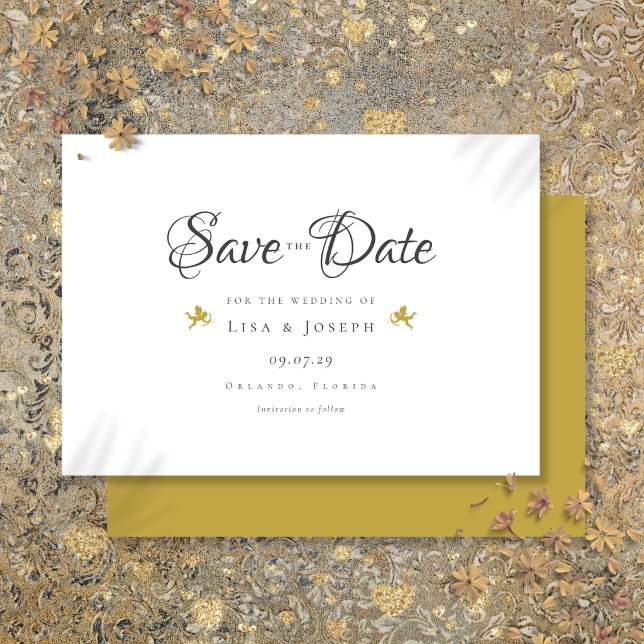 Guld Cupid Modern Elegant Bröllopskrift Spara Datumet (Gold Cupids Modern Elegant Script Wedding Save The Date
)