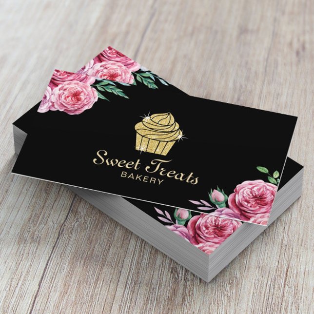 Guld Cupkaka Bakery Sweet Treats Modern Blommigt Visitkort (Skapare uppladdad)