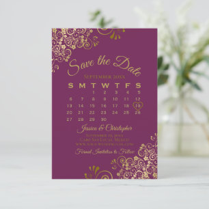Guld Curls Magenta Lila Elegant bröllop Calendar Spara Datumet