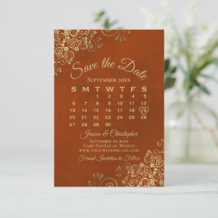 Guld Curls on Rust Orange Elegant bröllop Calendar Spara Datumet