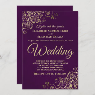 Guld Curls Simple Chic Elegant Plum Lila Bröllop Inbjudningar