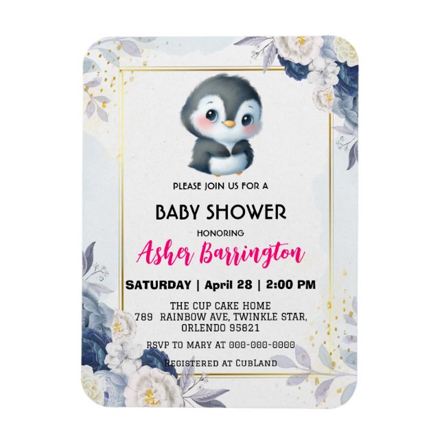 Guld Cute penguin Blomblommiga barn Magnet (Vertikal)