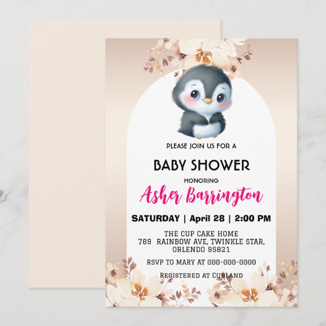 Guld Cute penguin cherry blommars babyduschbarn Inbjudningar (Fram/baksida)