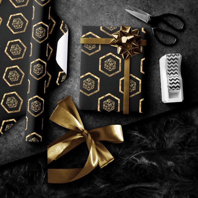 Guld D20 Mönster | Tabletop Role Player Dice Presentpapper (Skapare uppladdad)