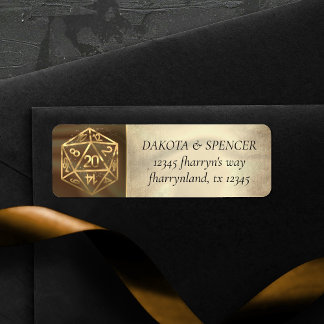 Guld D20 | Tabletop Role Player Dice Adress Returadress Etikett