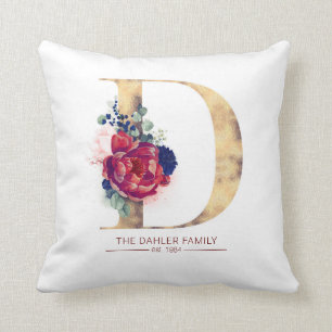 Guld D Monogram Blommigt Burgundy Red och Navy Blu Kudde