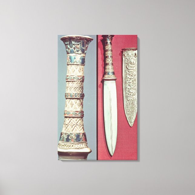 Guld dagger och sheath, Tutankhamun-skatt, c.13 Canvastryck (Framsida)