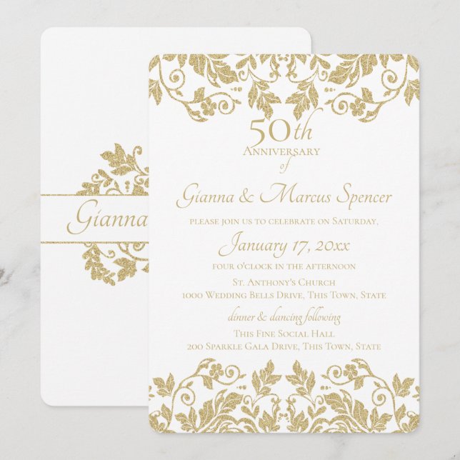 Guld Damask 50-årsjubileum Inbjudningar (Fram/baksida)