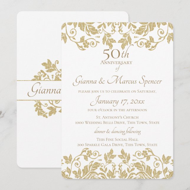 Guld Damask 50-årsjubileum Inbjudningar (Fram/baksida)