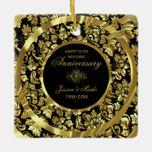 Guld Damask and Black Background 50-årsdagen Julgransprydnad Keramik