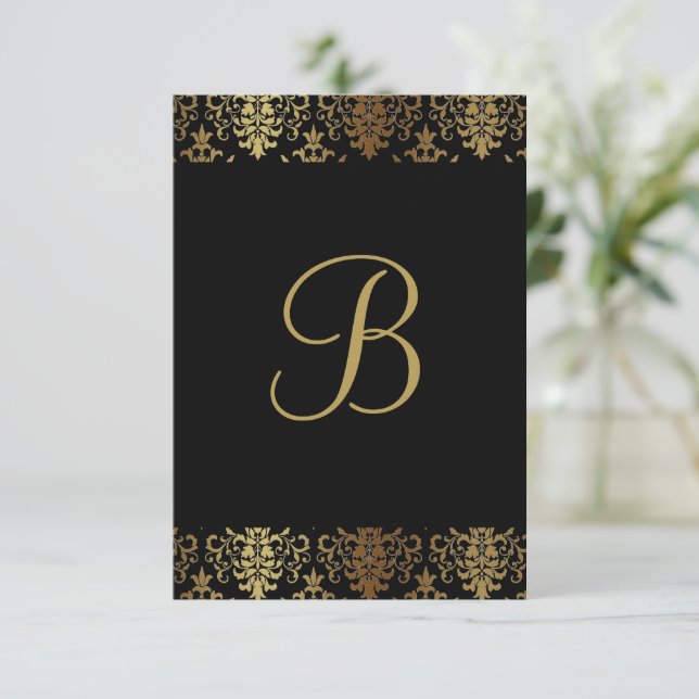 Guld Damask Black Monogram Elegant Chic Tack Kort (Stående Fram)