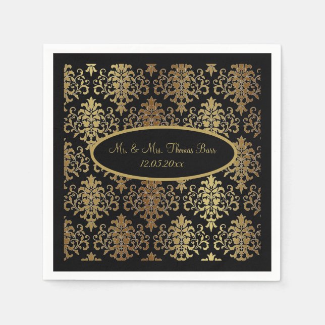 Guld Damask Black Script Bröllop Elegant Pappersservett (Framsidan)