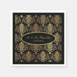 Guld Damask Black Script Bröllop Elegant Pappersservett