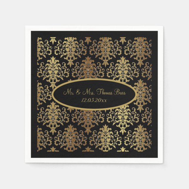 Guld Damask Black Script Bröllop Elegant Pappersservett (Framsidan)
