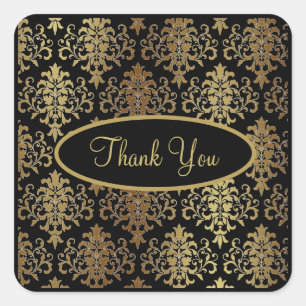 Guld Damask Black Script Bröllop Elegant Tack Fyrkantigt Klistermärke