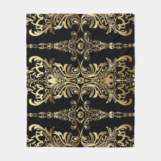 Guld Damask, Blommigt Arabesque Mönster. Fleecefilt (Framsidan)