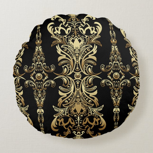 Guld Damask, Blommigt Arabesque Mönster. Rund Kudde (Framsidan)