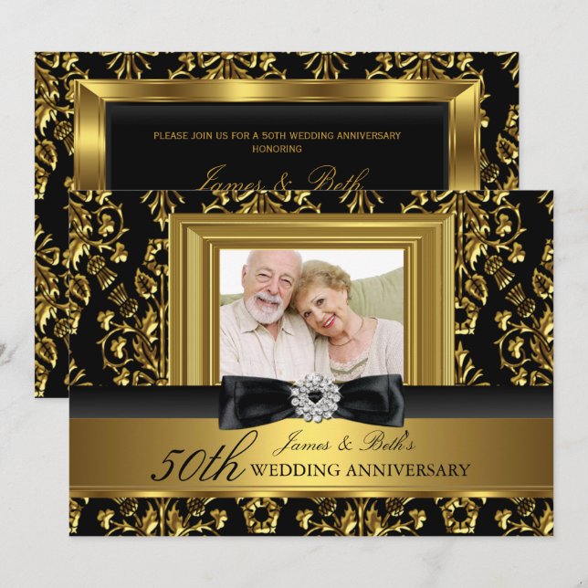 Guld Damask & Bow Foto 50-års bröllopsjubileum Inbjudningar (Fram/baksida)