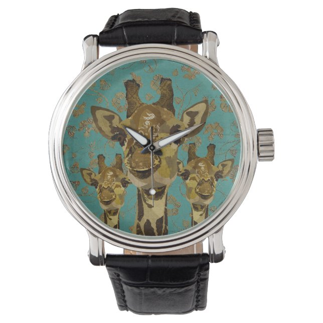 Guld Damask Giraffes Blommigt Retro Watch Armbandsur (Framsida)