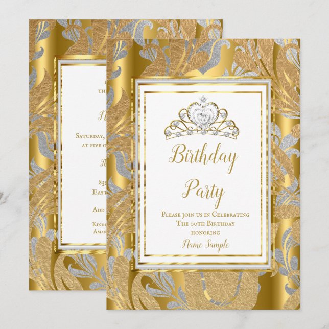 Guld Damask Grå Tiara Födelsedagsfest Inbjudningar (Fram/baksida)